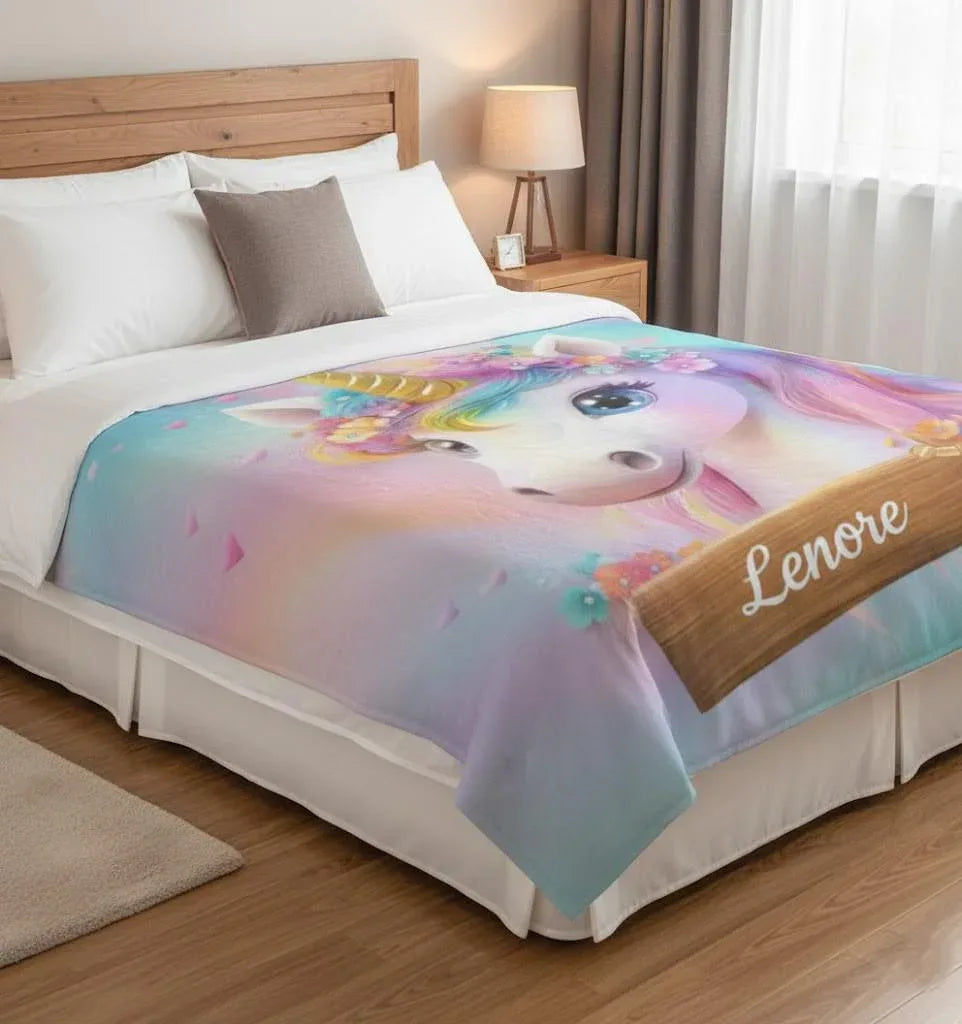 Personalized Unicorn Blanket: Rainbow Pink White Bedroom - Soft Flannel Fleece Throw, Name Gift - Dream Dragons