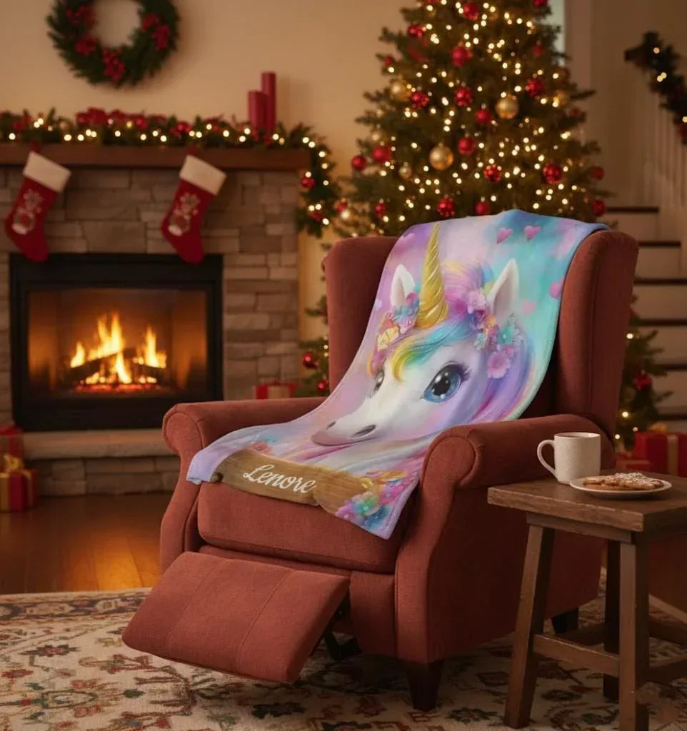Personalized Unicorn Blanket: Rainbow Pink White Bedroom - Soft Flannel Fleece Throw, Name Gift - Dream Dragons