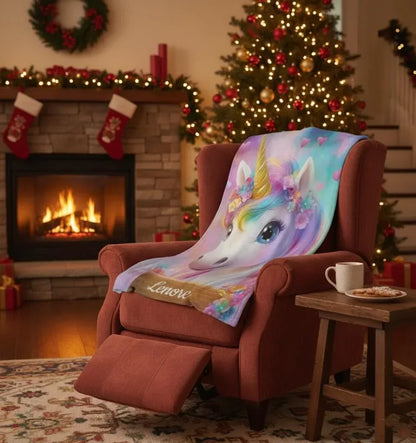 Personalized Unicorn Blanket: Rainbow Pink White Bedroom - Soft Flannel Fleece Throw, Name Gift - Dream Dragons