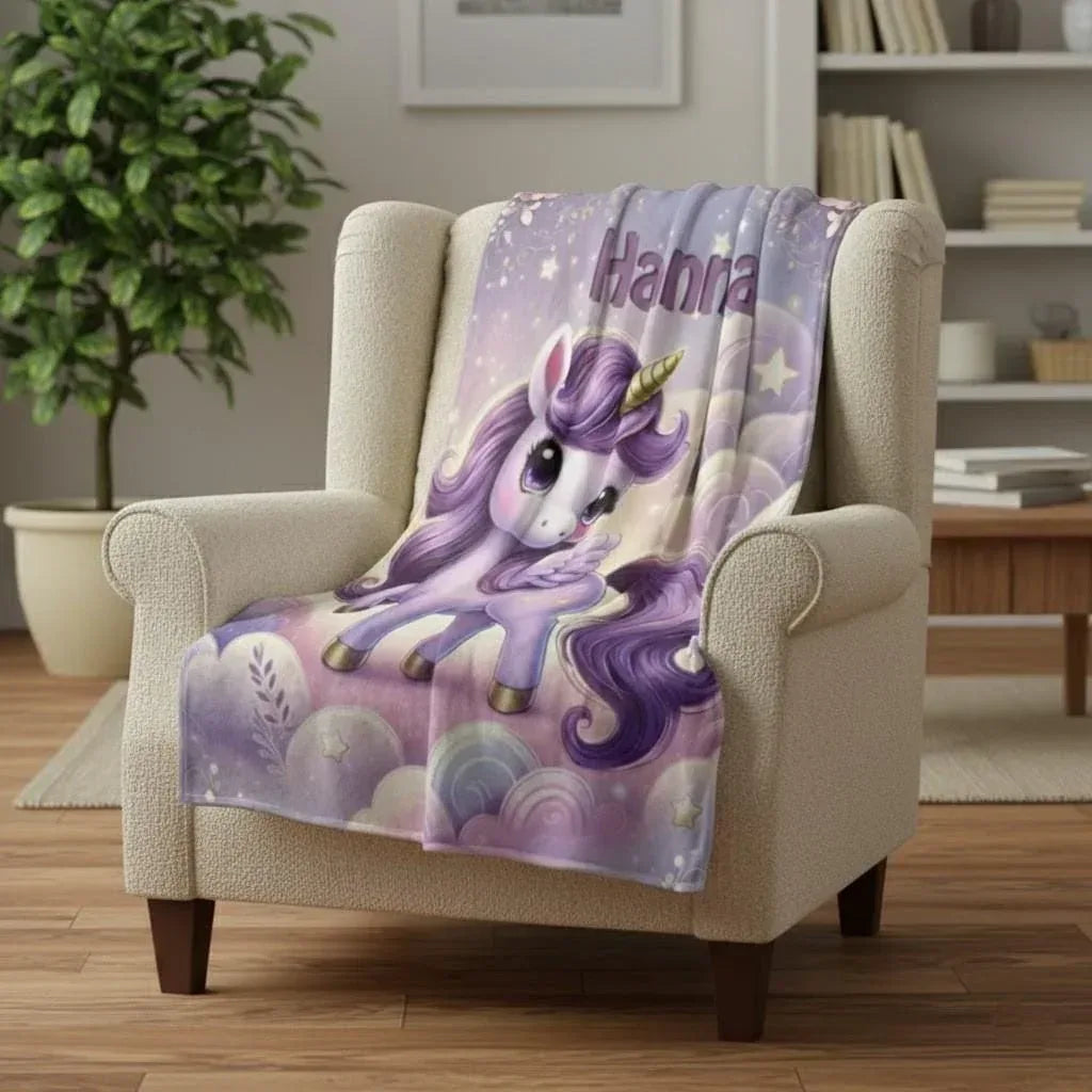 Personalized Unicorn Blanket: Enchanted Purple Fantasy Throw, Flannel Fleece Name Gift - Dream Dragons
