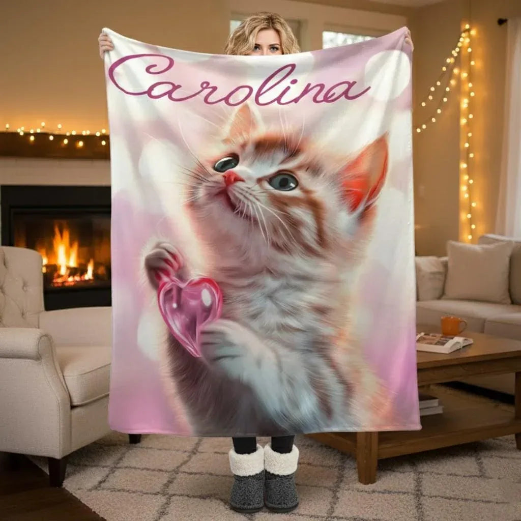 Personalized Kitten Blanket: Whimsical Heart Flannel Fleece Throw, Pink Kitty Cat Lover Gift - Dream Dragons