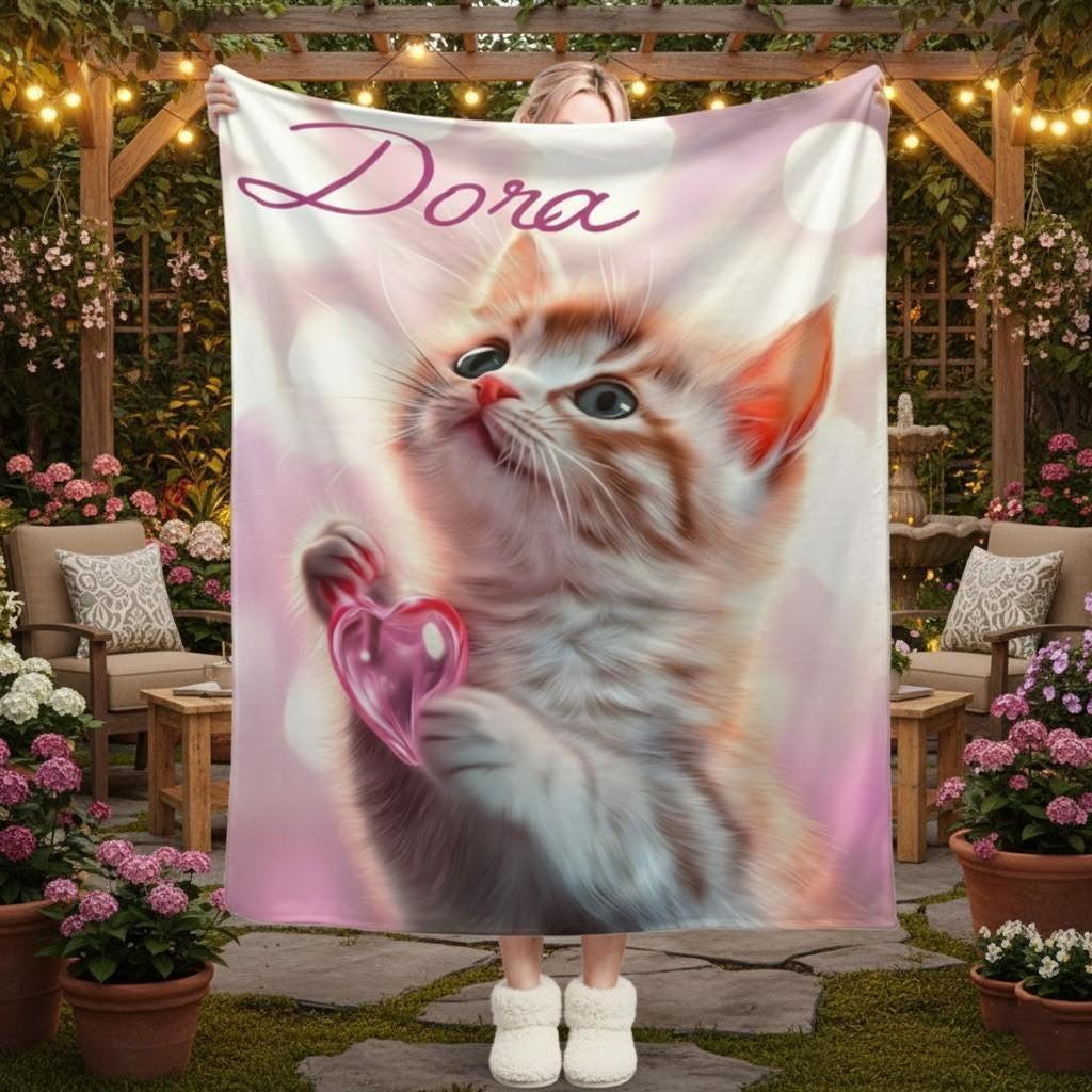 Personalized Kitten Blanket: Whimsical Heart Flannel Fleece Throw, Pink Kitty Cat Lover Gift - Dream Dragons