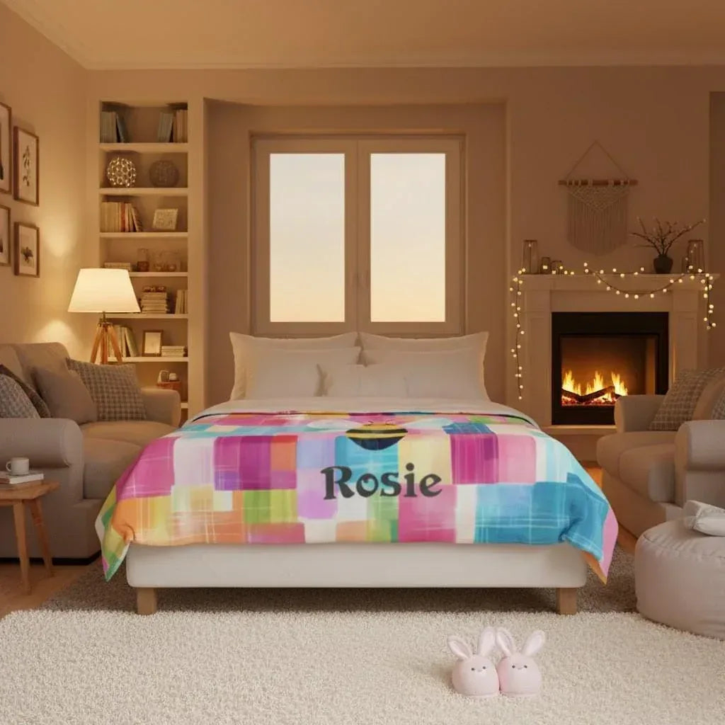 Personalized Bee Blanket: Patchwork Nursery Fleece Throw - Dream Dragons