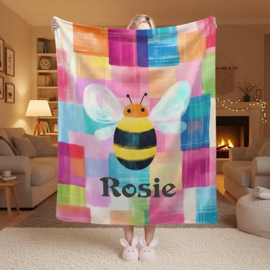 Personalized Bee Blanket: Patchwork Nursery Fleece Throw - Dream Dragons