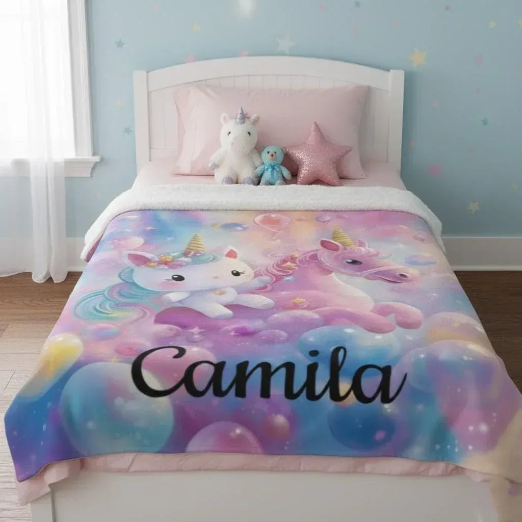 Personalized Kitty& Unicorn Fleece Blanket: Custom Name Throw, Soft Flannel - Dream Dragons