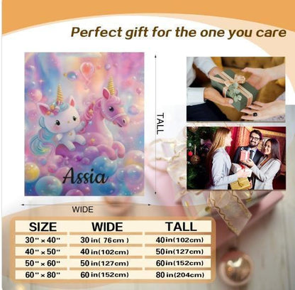 Personalized Kitty& Unicorn Fleece Blanket: Custom Name Throw, Soft Flannel - Dream Dragons