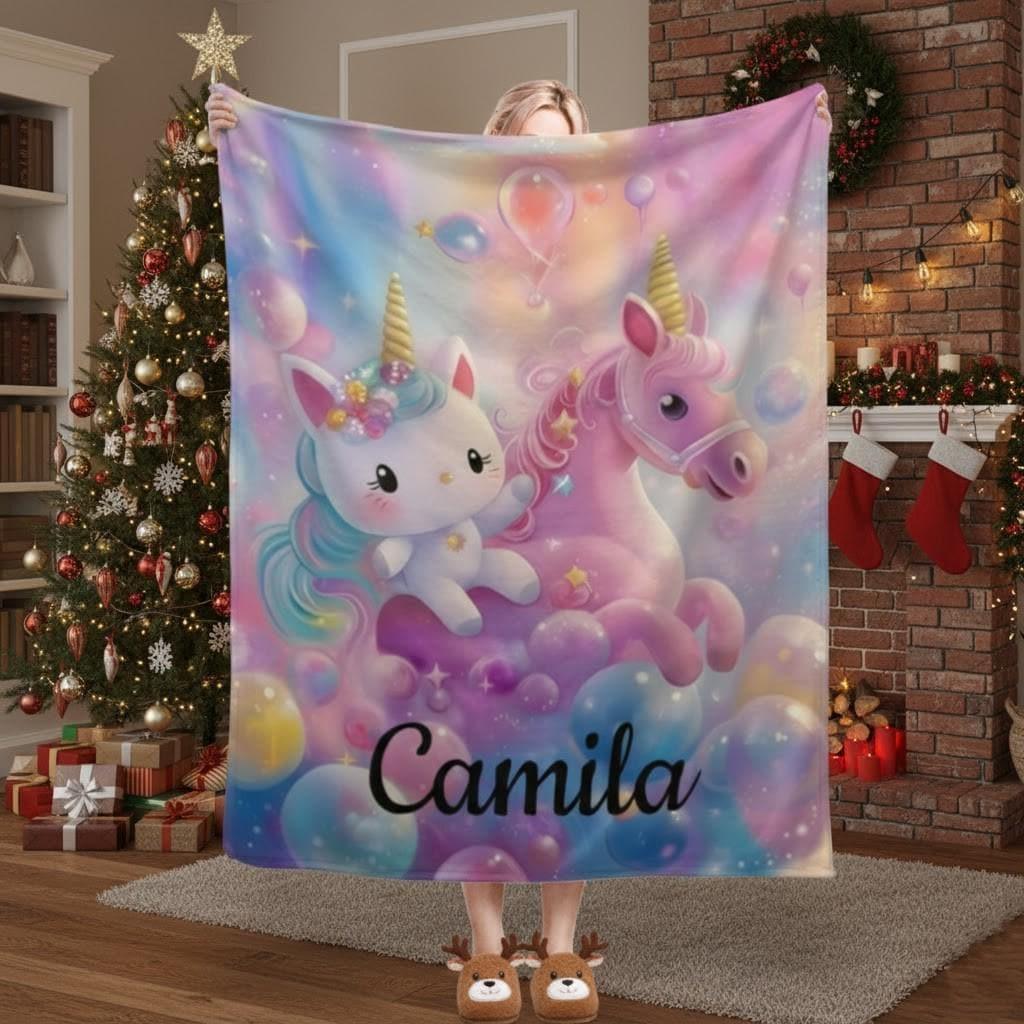 Personalized Kitty& Unicorn Fleece Blanket: Custom Name Throw, Soft Flannel - Dream Dragons