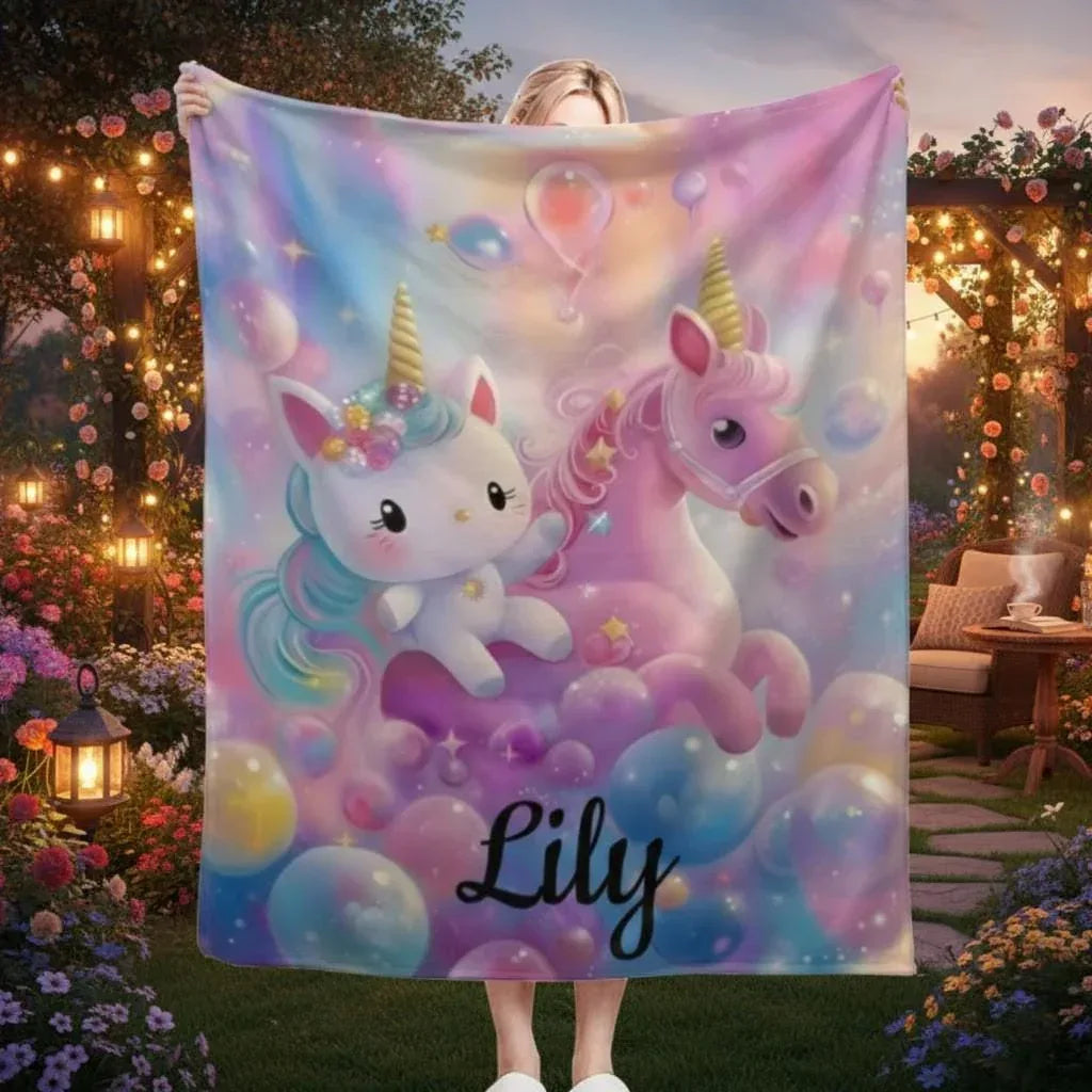Personalized Kitty& Unicorn Fleece Blanket: Custom Name Throw, Soft Flannel - Dream Dragons