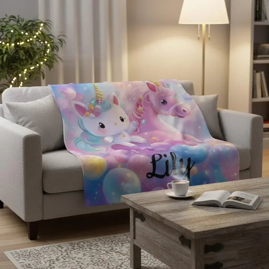Personalized Kitty& Unicorn Fleece Blanket: Custom Name Throw, Soft Flannel - Dream Dragons