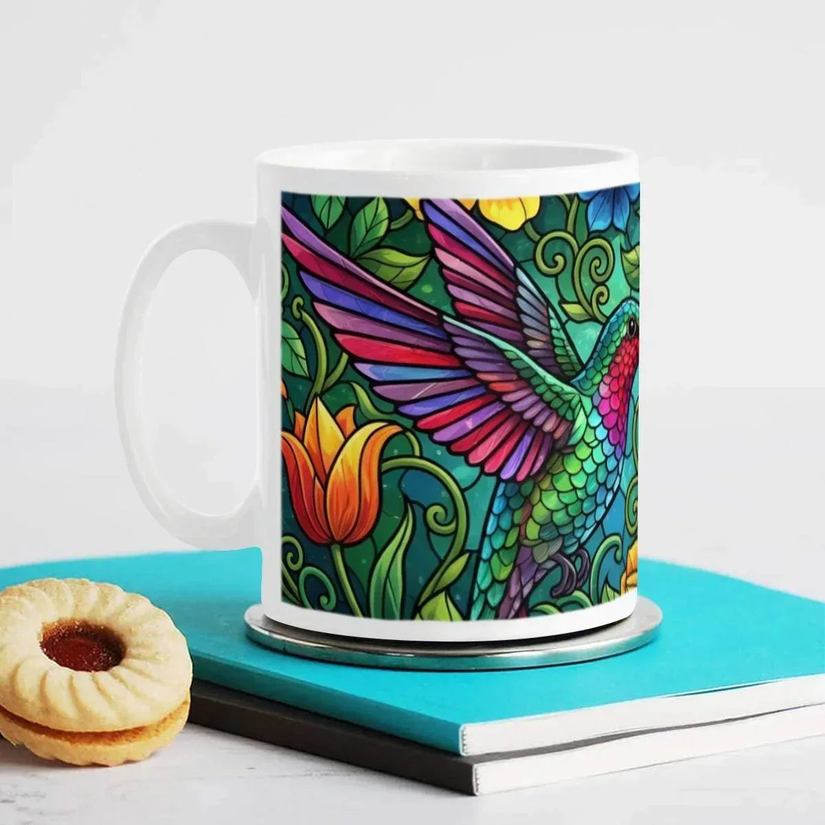 Hummingbird Colorful Mug: Stained Glass Design, Hot Chocolate, Coffee Mug, Tea Cup - Dream Dragons