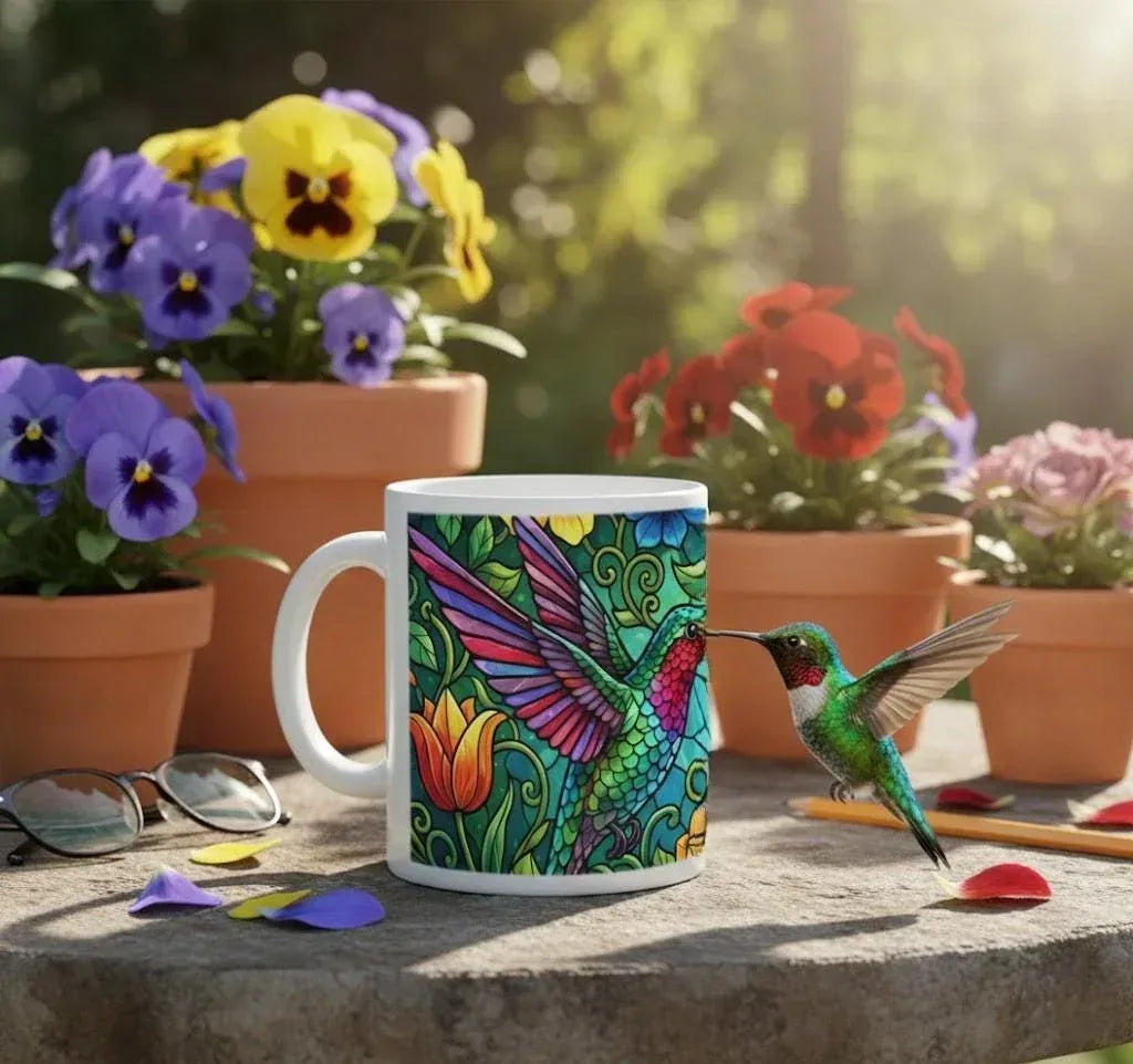 Hummingbird Colorful Mug: Stained Glass Design, Hot Chocolate, Coffee Mug, Tea Cup - Dream Dragons