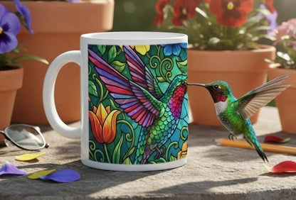 Hummingbird Colorful Mug: Stained Glass Design, Hot Chocolate, Coffee Mug, Tea Cup - Dream Dragons