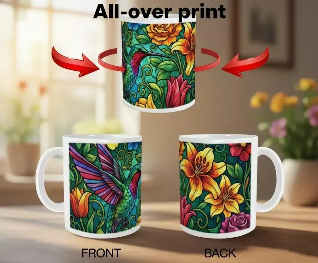 Hummingbird Colorful Mug: Stained Glass Design, Hot Chocolate, Coffee Mug, Tea Cup - Dream Dragons