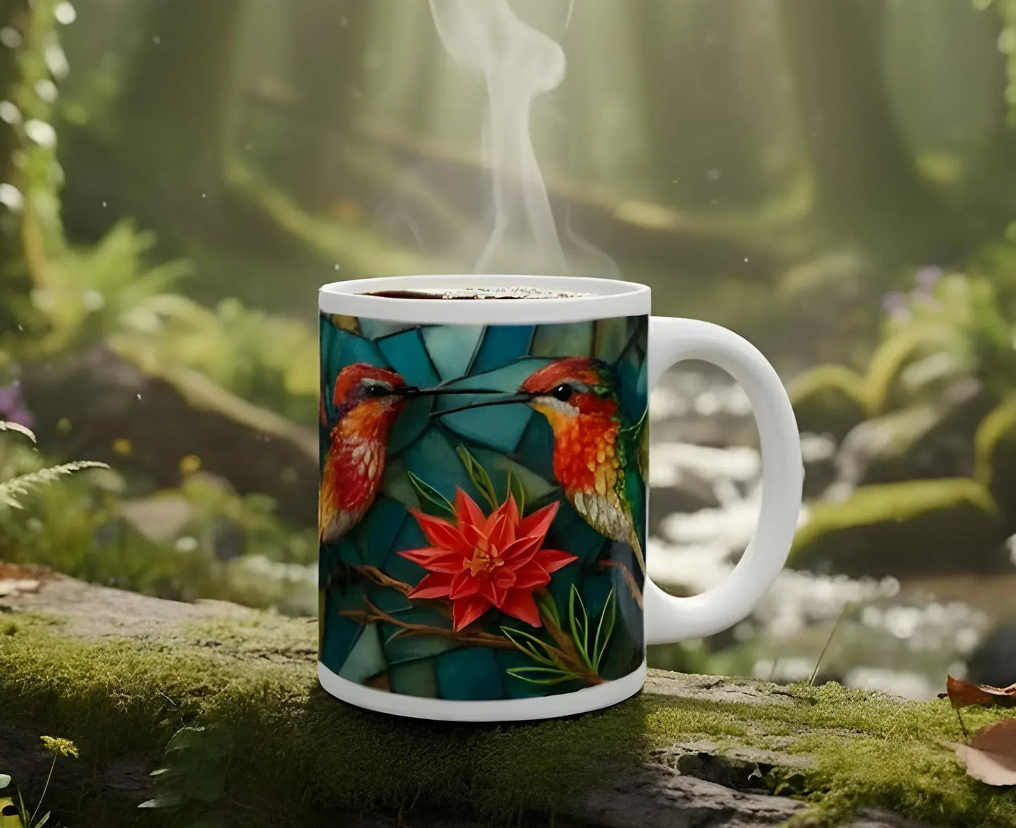 Personalized Stained Glass Hummingbird Coffee Mug: Bohemian Ceramic Tea Cup - Gift with Name - Dream Dragons