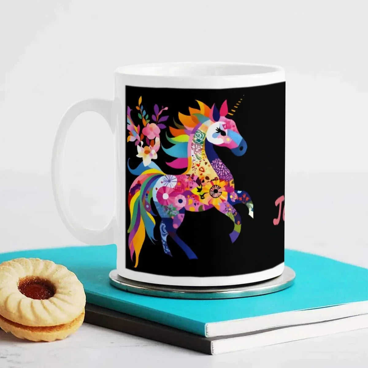 Personalized Unicorn Magic Mug - Name Design - Hot Chocolate, Coffee, Tea Cup - Black & Pink Gift - Dream Dragons
