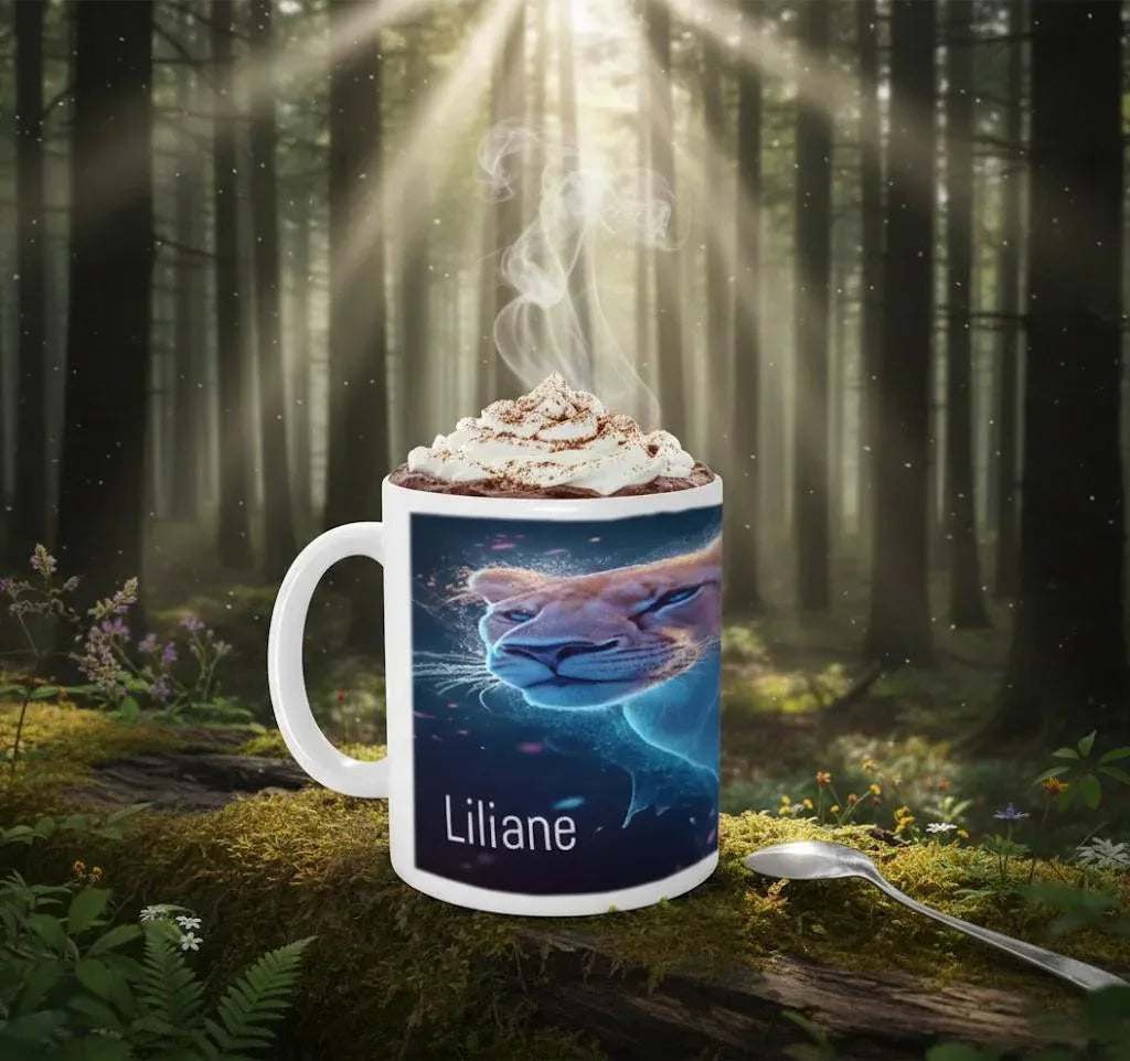 Personalized Custom Name Coffee Mug | Lion Hot Chocolate Gift | Nebula Predator Cat Tea Cup - Dream Dragons