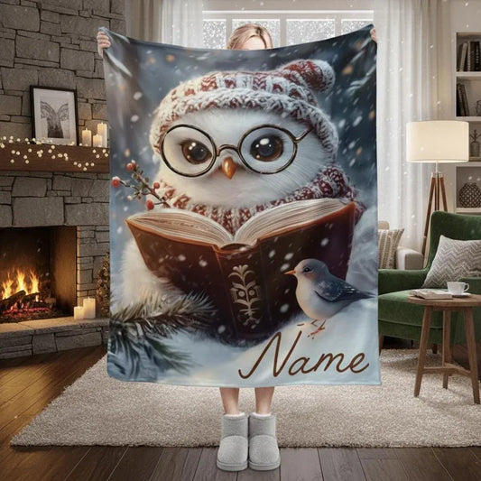 Personalized Winter Owl Flannel Blanket: Snowy Forest Design, Flannel Fleece Throw Name Gift - Dream Dragons