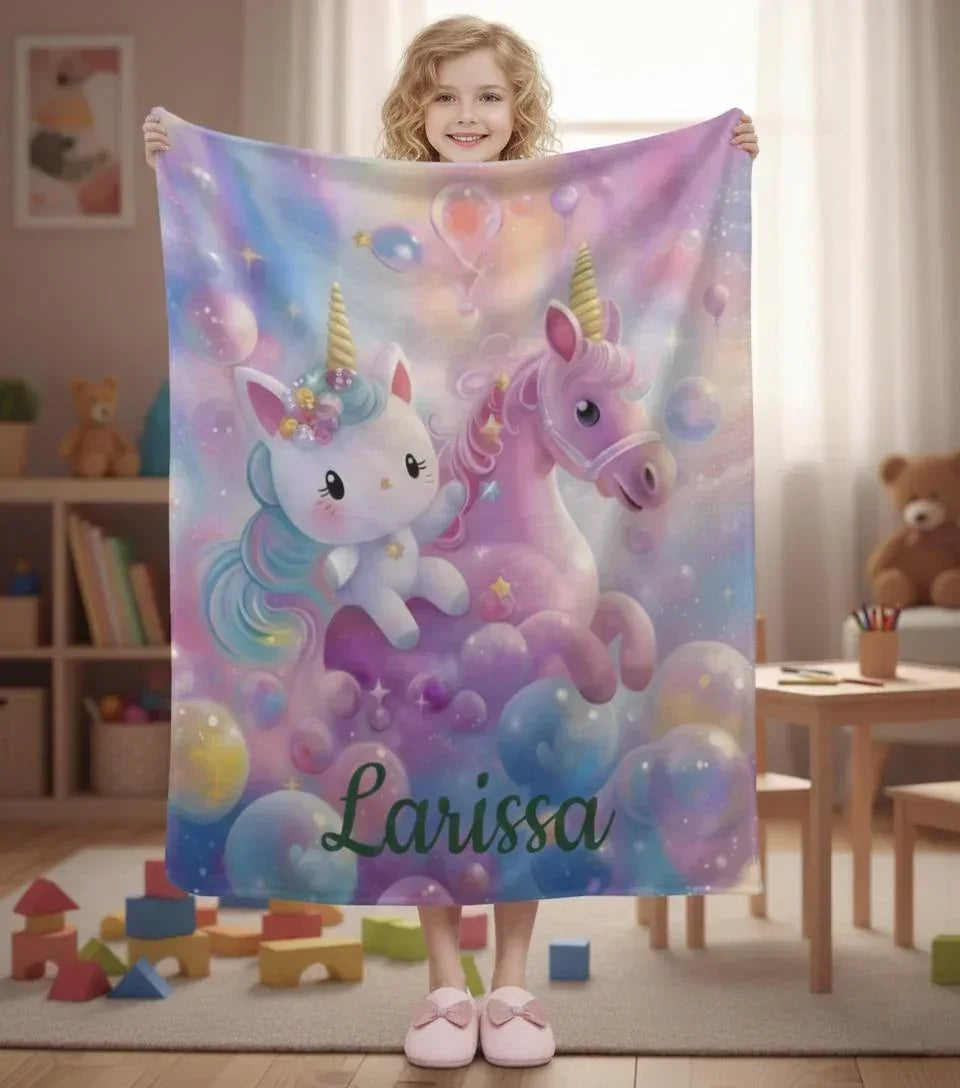 Personalized Kitty& Unicorn Fleece Blanket: Custom Name Throw, Soft Flannel - Dream Dragons