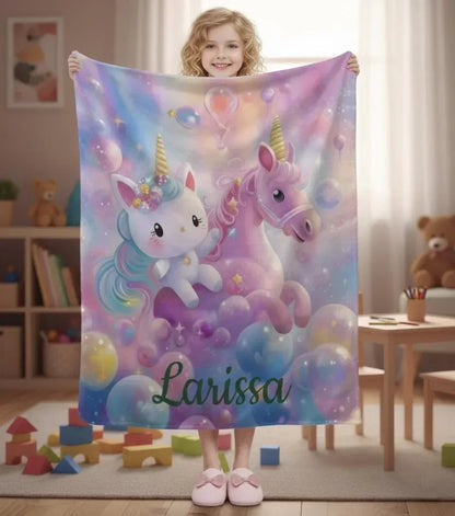 Personalized Kitty& Unicorn Fleece Blanket: Custom Name Throw, Soft Flannel - Dream Dragons
