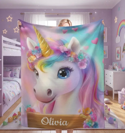 Personalized Unicorn Blanket: Rainbow Pink White Bedroom - Soft Flannel Fleece Throw, Name Gift - Dream Dragons