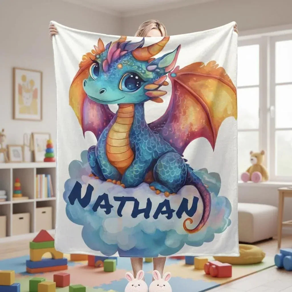 Personalized Dragon Blanket: Soft Flannel Fleece Dino Throw, Super Soft Name Gift - Dream Dragons
