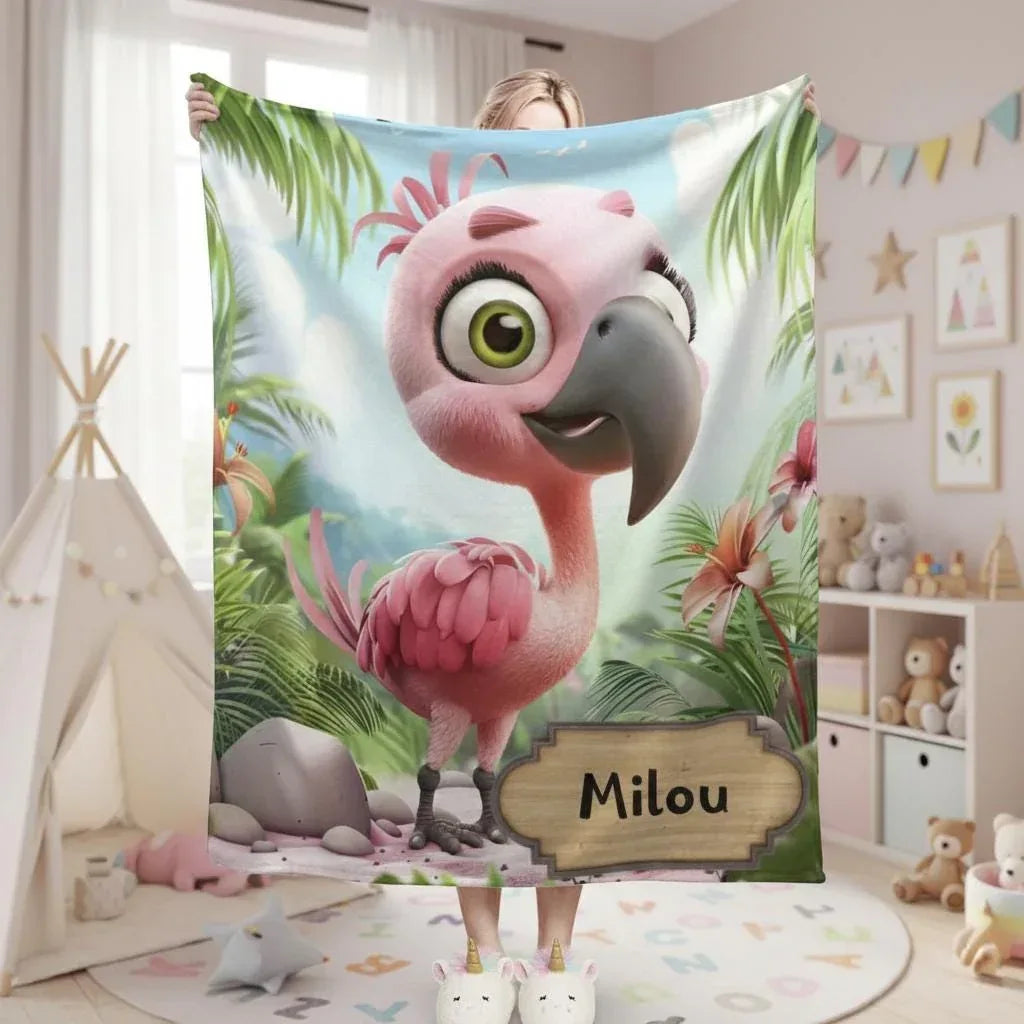 Personalized Flamingo Blanket, Cartoon Bird: Super Soft Name Gift, Pink and Green Bedroom Throw - Dream Dragons