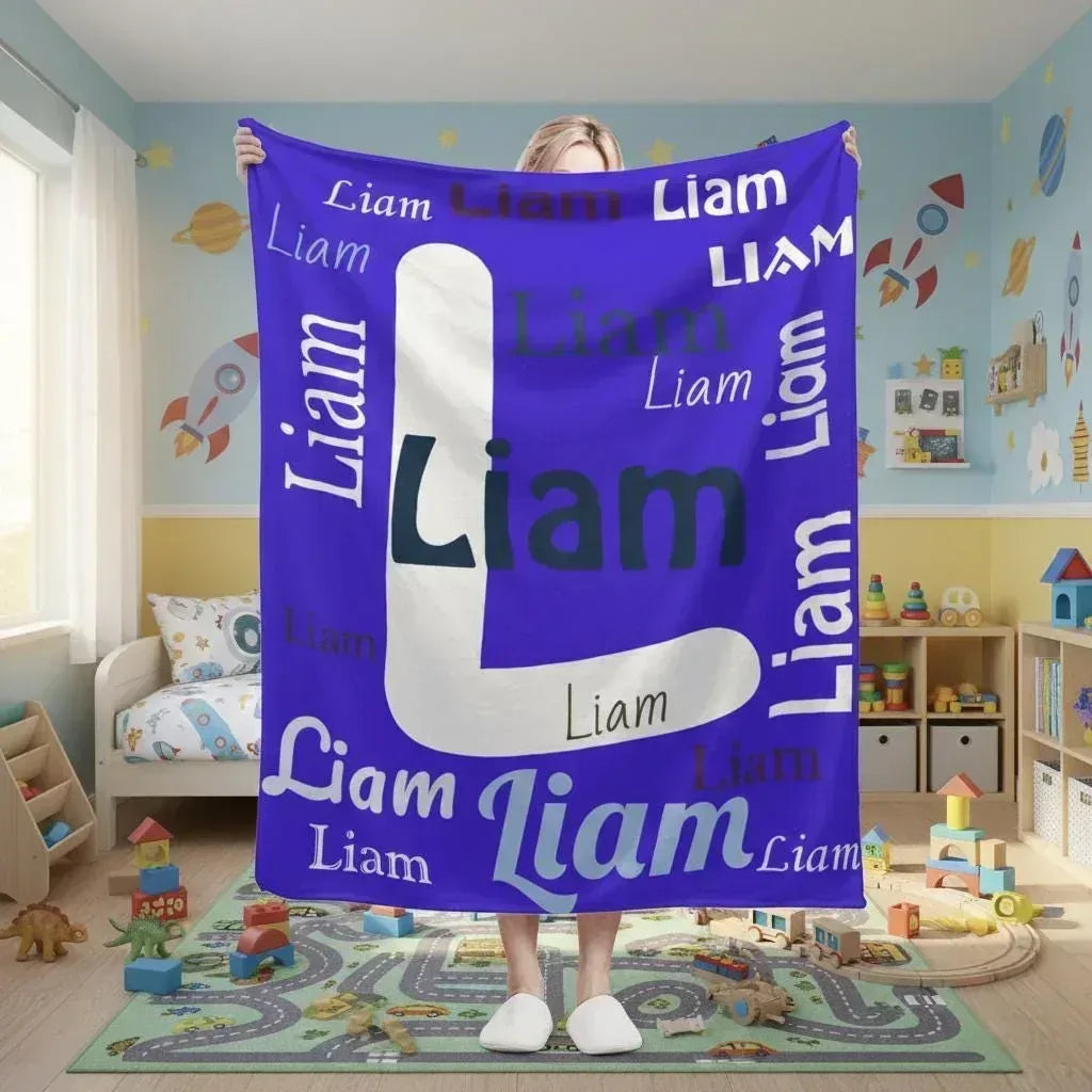 Add your Name & Letter - Personalized Vivid Blue Name Blanket – Custom Flannel Fleece Throw - Dream Dragons