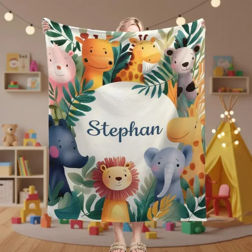 Personalized Safari Animal Blanket: Jungle Lion Elephant Giraffe Flannel Fleece Throw, Soft Name Gift - Dream Dragons