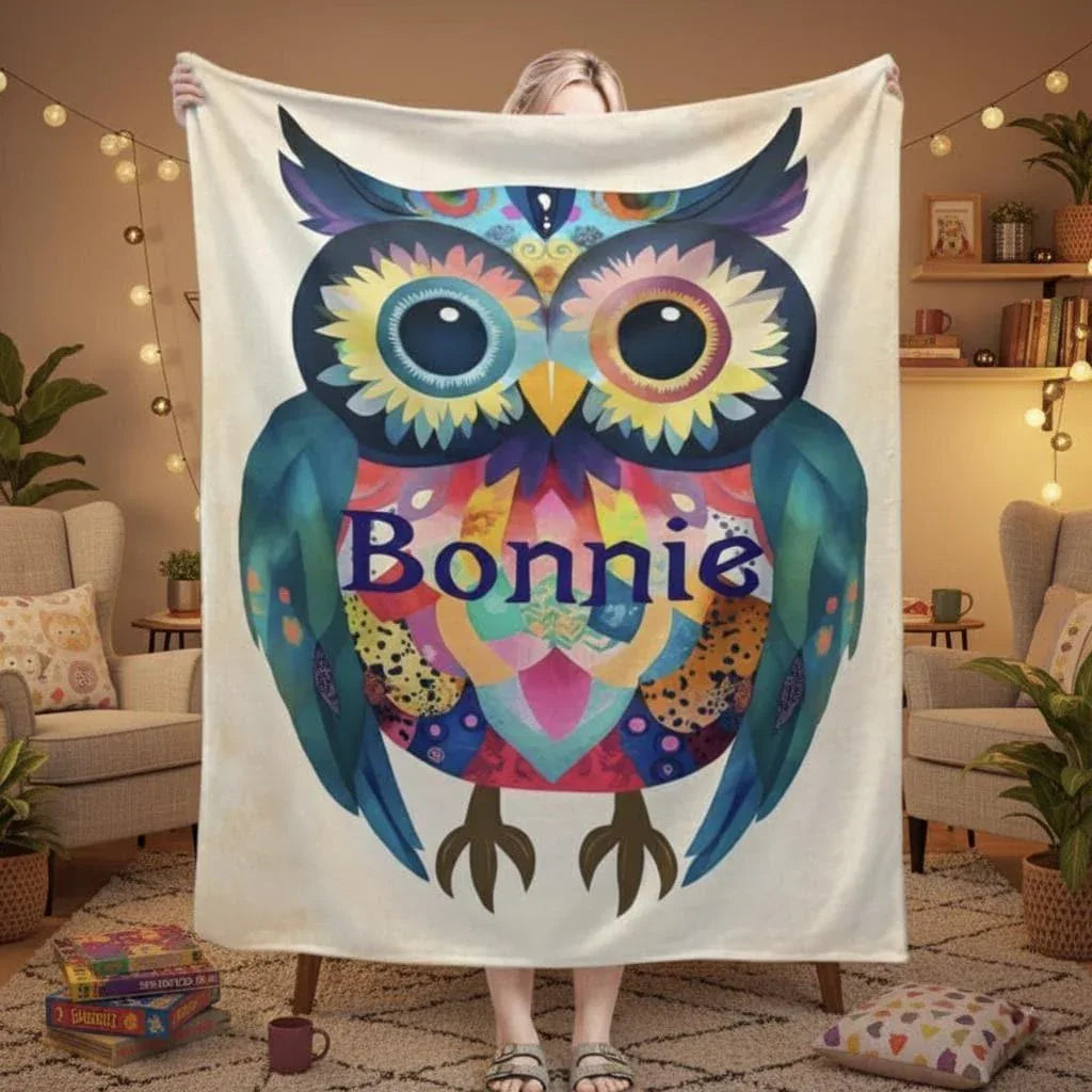 Personalized Owl Blanket: Romantic Flannel Fleece Throw, Custom Name Gift Colourful Bird - Dream Dragons