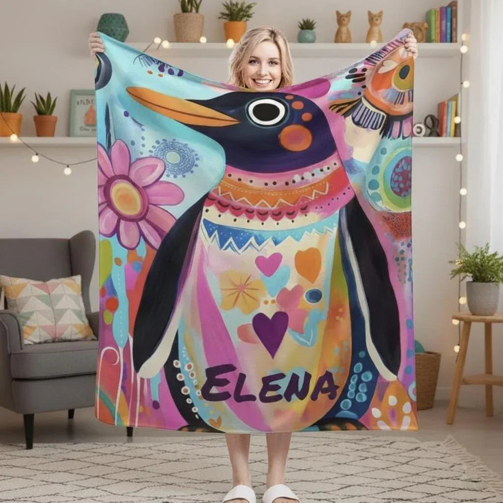 Personalized Penguin Blanket: Colorful Arctic Animal Happy Playful Flannel Fleece Throw, Soft Name Gift - Dream Dragons