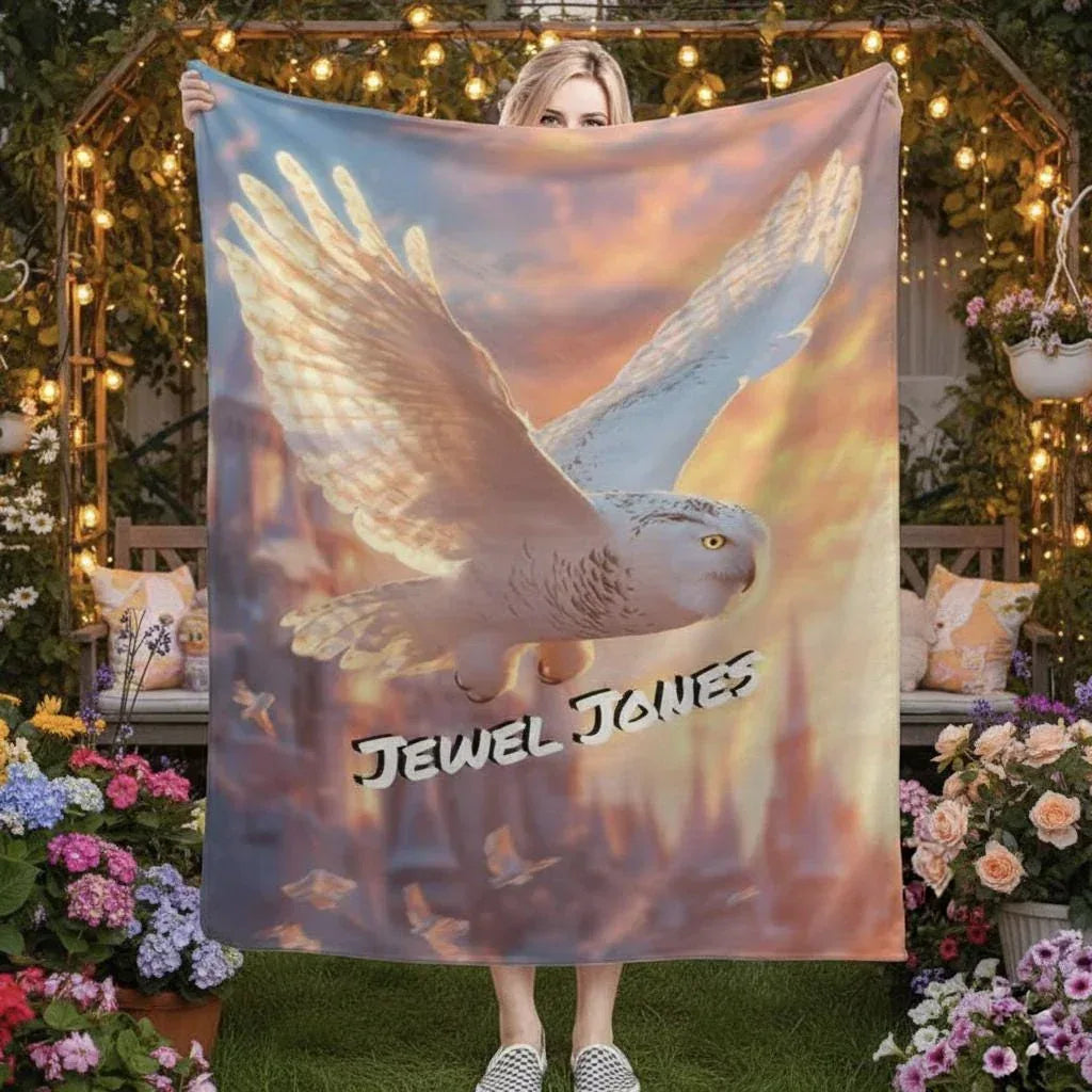 Personalized Wizard Owl Flannel Blanket: Enchanted Castle Fleece Throw, Soft Custom Name Gift Bird - Dream Dragons