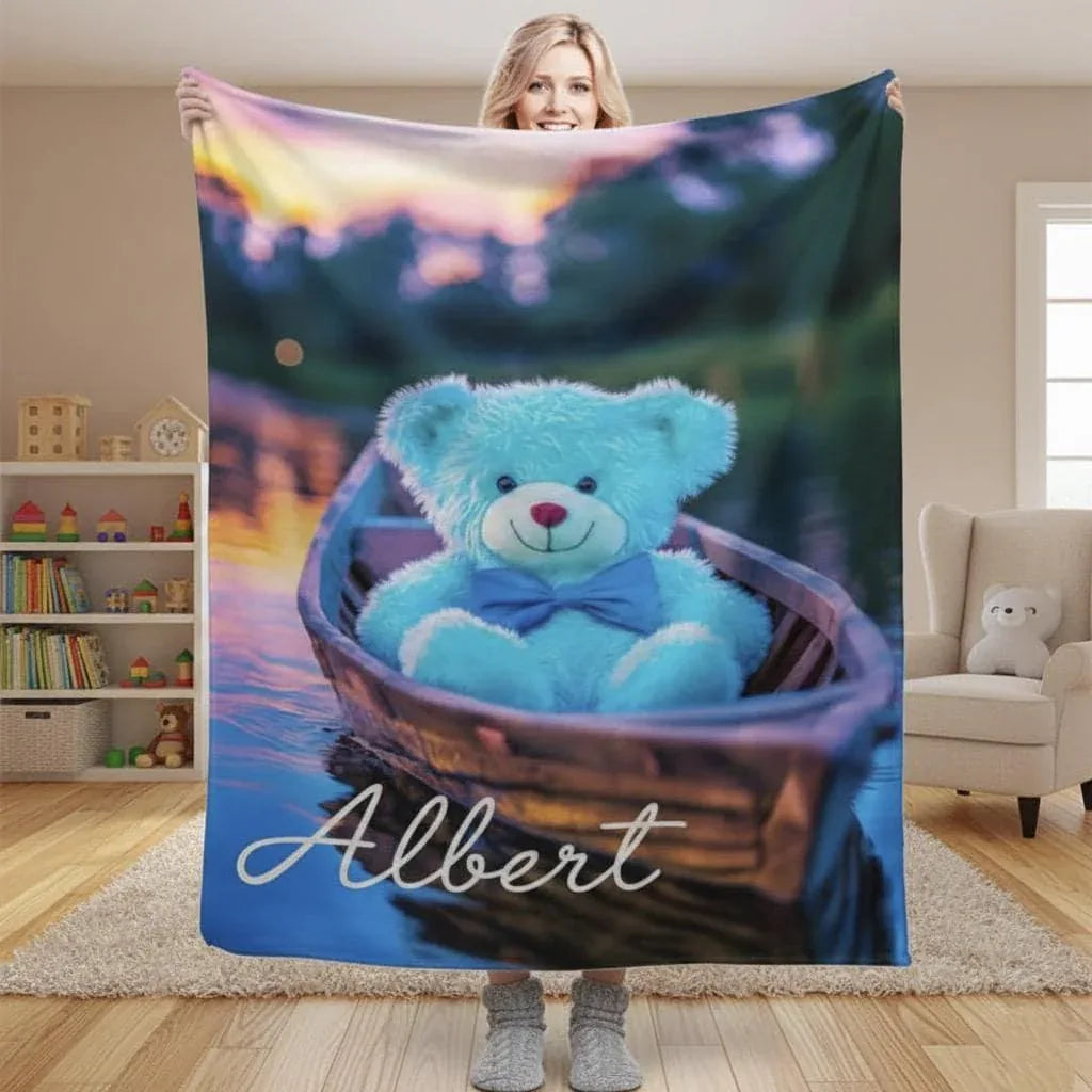Personalized Twilight Teddy Bear Blanket: Dreamy Canoe Boat Adventure Throw, Soft Flannel Fleece - Dream Dragons