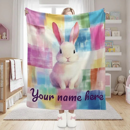 Personalized White Bunny Blanket: Rainbow Patchwork Microfiber Throw, Rabbit, Super Soft Name Gift - Dream Dragons