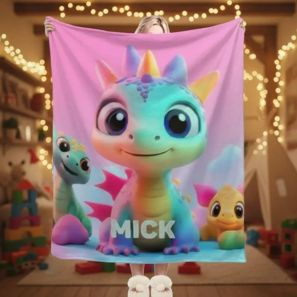 Personalized Dragon Blanket: Cartoon Flannel Fleece Dino Throw, Custom Name Gift - Dream Dragons