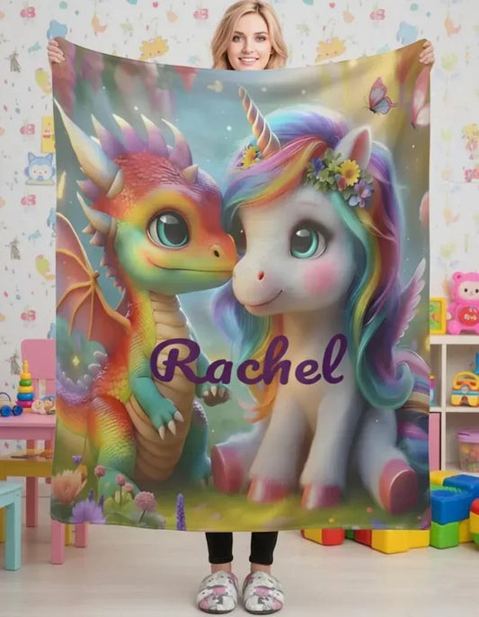 Personalized Unicorn & Dragon Blanket: Magical Fantasy Flannel Fleece Throw, Super Soft Kids Gift - Dream Dragons