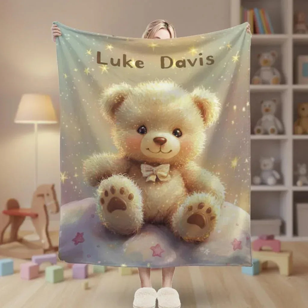 Personalized Teddy Bear Plush Blanket, Snuggly Throw, Soft Flannel Fleece, Super Soft Name Gift - Dream Dragons