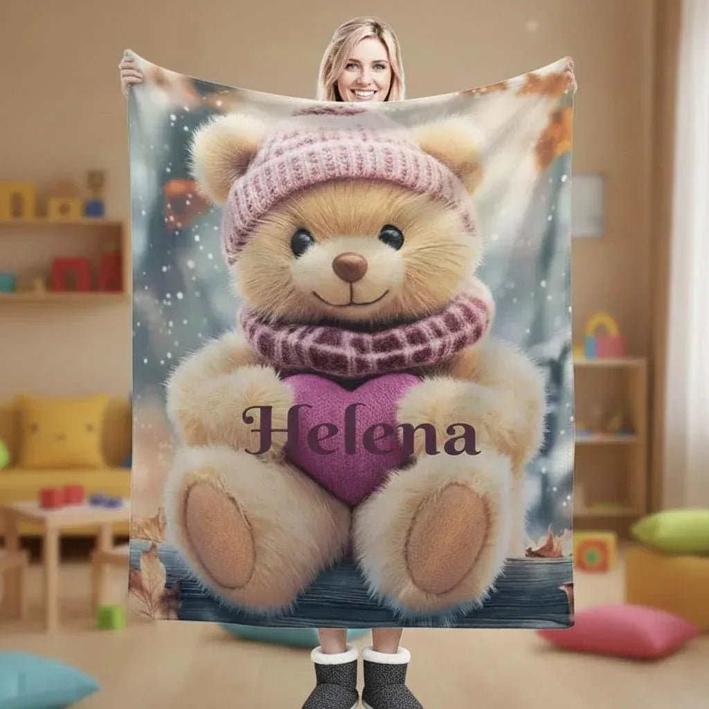 Personalized Snow Teddy Bear Plush Blanket: Flannel Fleece Snuggle Throw, Super Soft Name Gift - Dream Dragons