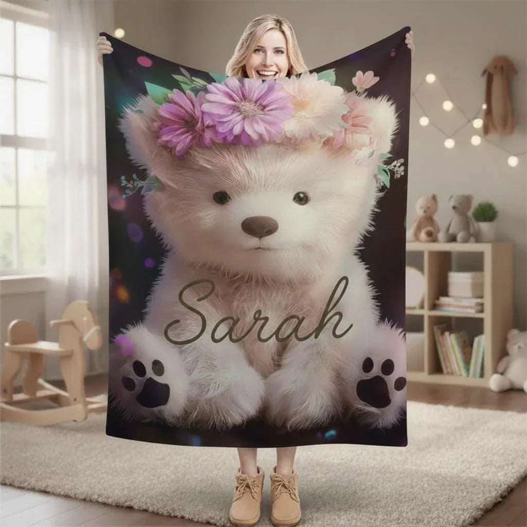 Personalized Teddy Bear Plush Blanket: Floral Crown, Soft Flannel Fleece Throw, Custom Name Gift - Dream Dragons