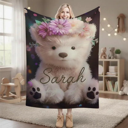 Personalized Teddy Bear Plush Blanket: Floral Crown, Soft Flannel Fleece Throw, Custom Name Gift - Dream Dragons