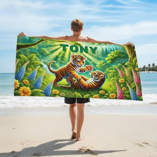 Personalized Jungle Tiger Beach Towel: Custom Name Microfiber Swimming Pool Towel - Dream Dragons