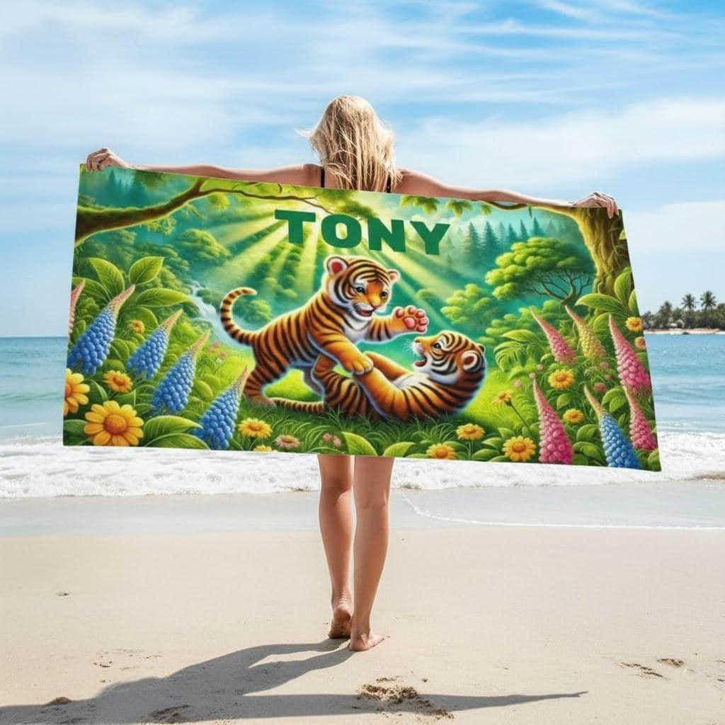 Personalized Jungle Tiger Beach Towel: Custom Name Microfiber Swimming Pool Towel - Dream Dragons