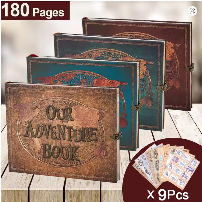 Vintage-style photo album with 'Our Adventure Book' text, featuring 9 additional pages on a wooden surface.