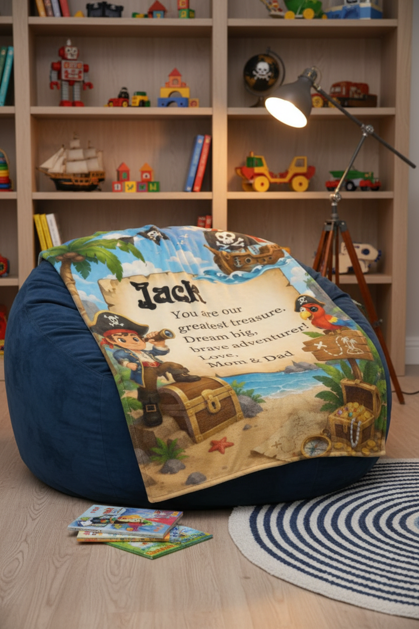 Kids flannel pirate treasure throw blanket with Jack treasure map artwork on beanbag
