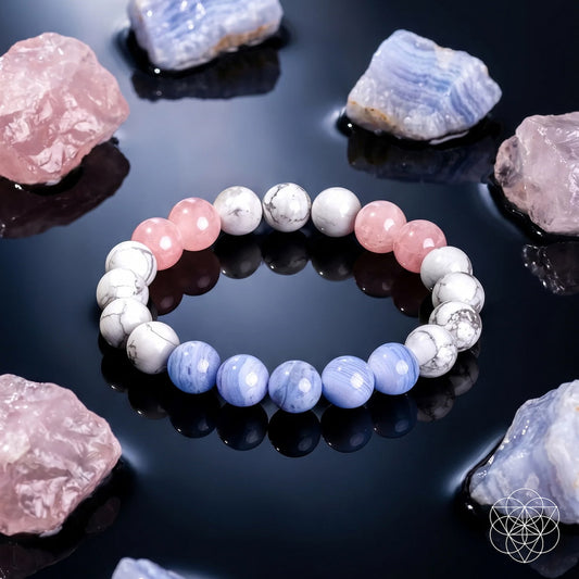 Trio bead gemstone bracelet with pink, white, and blue round beads