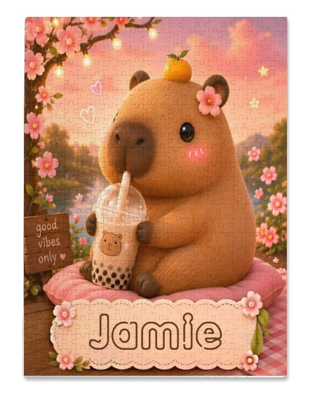 Personalized capybara boba tea jigsaw puzzle with custom name Jamie, kawaii floral design