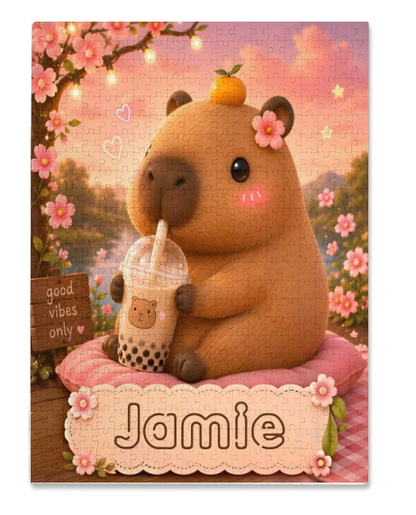 Personalized capybara boba tea jigsaw puzzle with custom name Jamie, kawaii floral design