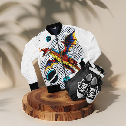 Galaxy Dragon Bomber Jacket - Red Dragon in Space Comic Art on White, Fantasy Streetwear for Men and Women XS to 5XL