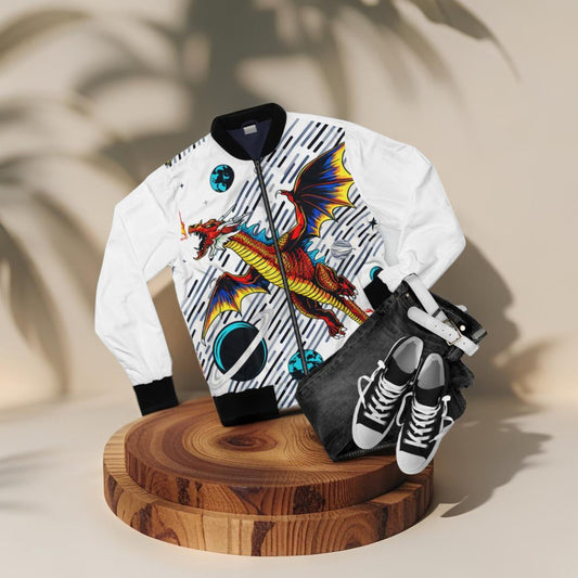 Galaxy Dragon Bomber Jacket - Red Dragon in Space Comic Art on White, Fantasy Streetwear for Men and Women XS to 5XL