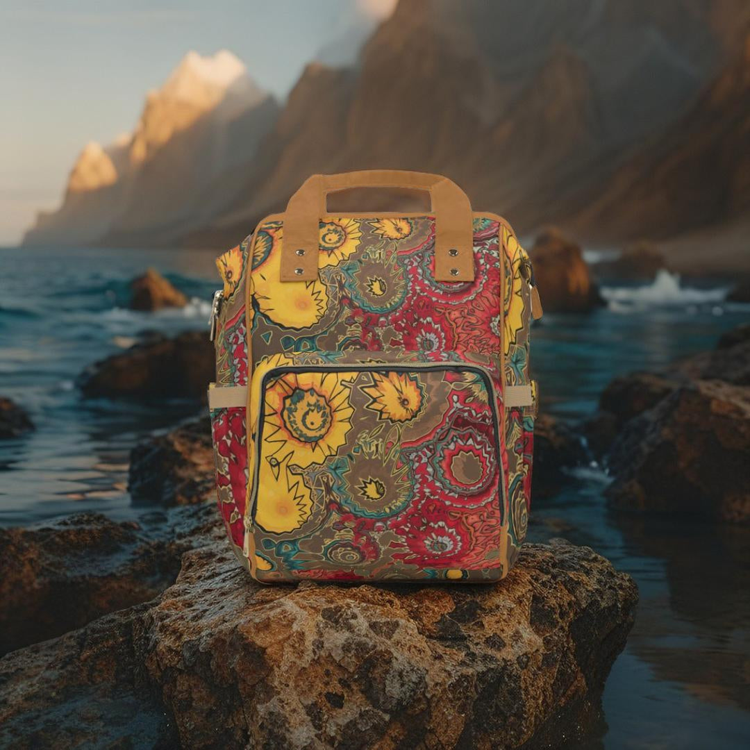 Boho Sunflower & Paisley Diaper Backpack – Warm Earth Tones Psychedelic Print | Cognac Handles | Large Capacity Nappy Bag | Bohemian Baby Shower Gift