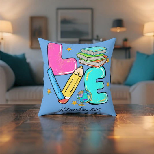Square faux suede pillow on floor display, light blue print with teacher-themed school items and alphabet